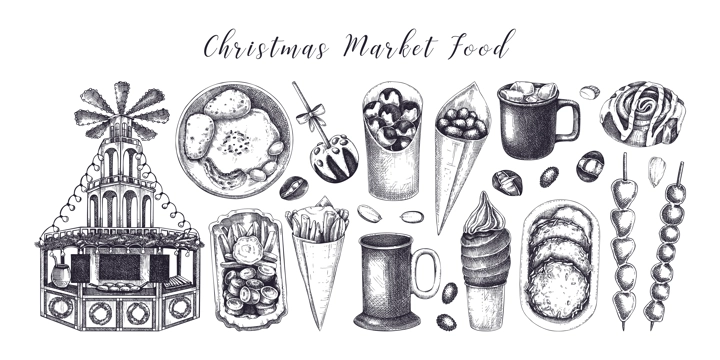 Christmas market design elements. Hand drawn vector illustration. Traditional winter holiday marketplace. Wooden stall kiosk. Bakery, fast food, mulled wine, sweets sketches